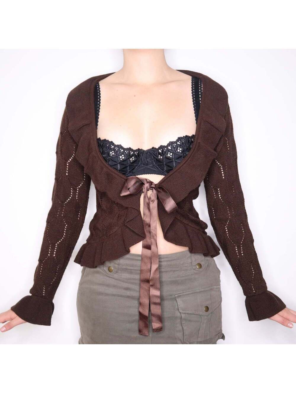 Y2K Italian Brown Knit Tie Up Cardigan (L)